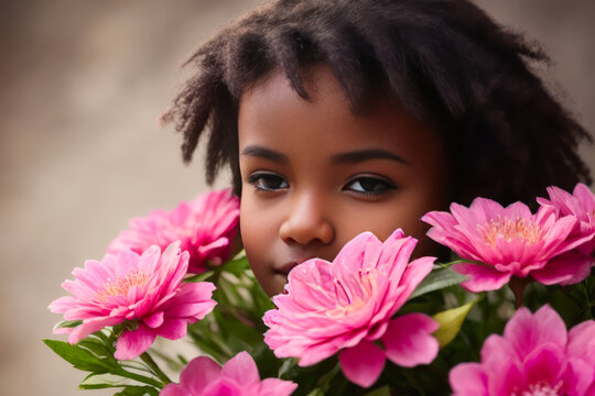 Digital photo of the ebony woman holds daughter and bouquet of big pink flowers. Generative AI