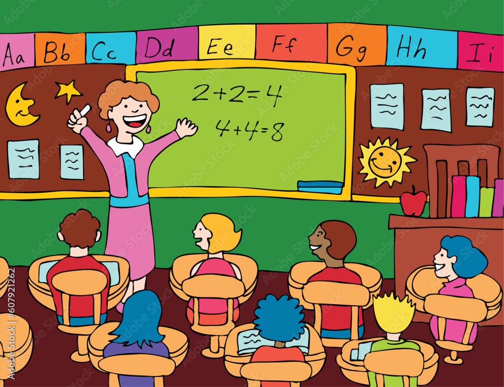 Poster female teacher gives a lecture to her elementary class on basic math in the classroom.