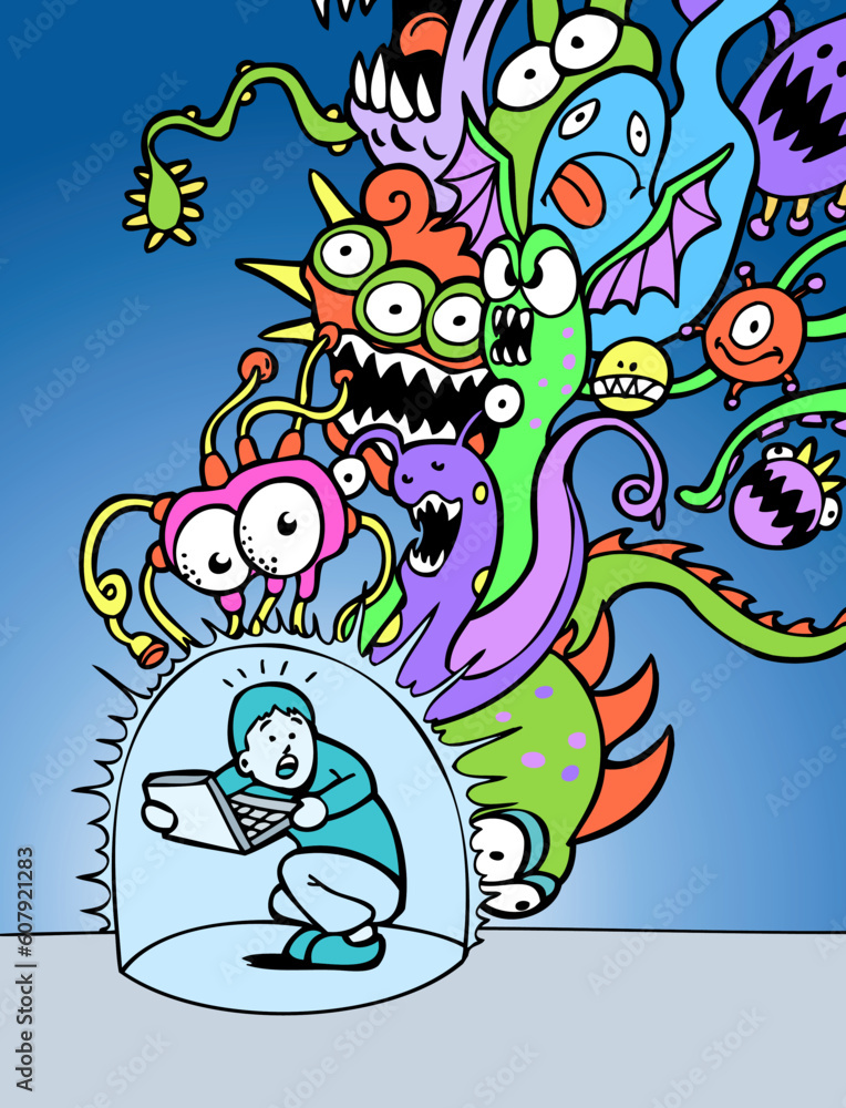 Poster downloading a virus can be a dangerous thing. monsterous creatures fall from the sky as a man's viru