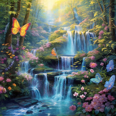 Beautiful Lush Waterfall.waterfall nature flowers butterflies background