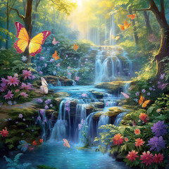 Beautiful Lush Waterfall.waterfall nature flowers butterflies background