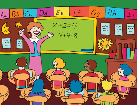 Female teacher gives a lecture to her elementary class on basic math in the classroom.