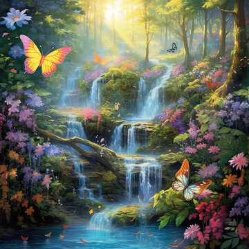 Beautiful Lush Waterfall.waterfall nature flowers butterflies background