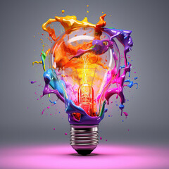 Light bulb creative colored dust powder smoke splash explosion. Colorful electricity paint creativity concept idea.