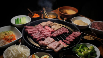 Indulge in the Sizzling and Mouthwatering Flavors of Grilled-to-Perfection Meats, Fresh Vegetables, and Traditional Korean Sauces with Authentic Korean BBQ Experience. Generative AI