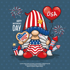 Happy 4th of July America Independence With Cute Gnome, I Love USA, Cartoon Illustration