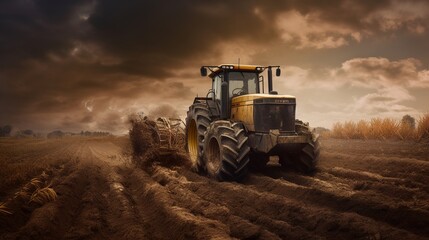 Big powerful wheeled tractor pulls the field. Generative ai.