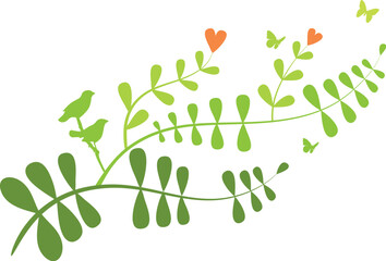 Obraz premium Floral branch with heart flowers and birds, vector background