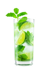 Mojito Cocktail Drink with Mint and Limes in Glass Isolated on White Background