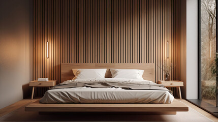 Photo of a scandinavian style bedroom with a platform bed with vertical wood slats above the bed, Generative AI