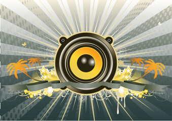 Vector illustration of urban music scene - Speaker with star wreath, ribbon and floral elements
