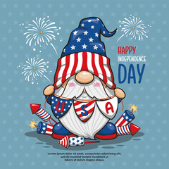 Happy 4th of July America Independence With Cute Gnome, Cartoon Illustration