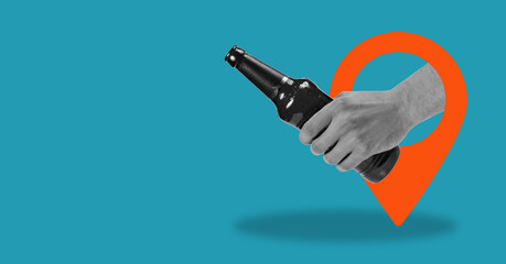 Art collage holding a bottle of beer from the navigation sign on a blue background with space for advertising.