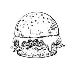 Black and white hand drawn hamburger with melted cheese isolated in white background. Fast food. Sketch style. Burger drawing with hatching
