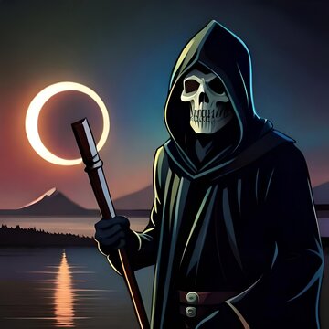 illustration painting of the Death as know as Grim Reaper holding the scythe against the eclipse on the background, digital art style