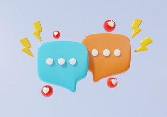 Thunderbolt symbol with bubble chat icon or comment social media online concept. show chat, message, sms, communication, communicate digitally on pastel background. 3d render illustration