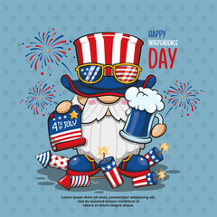 Happy 4th of July America Independence With Gnome Celebrating, Cute Cartoon Illustration