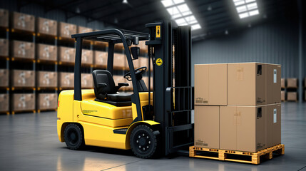 Large warehouse with machinery forklift with box on pallet, logistic interior, Generative AI