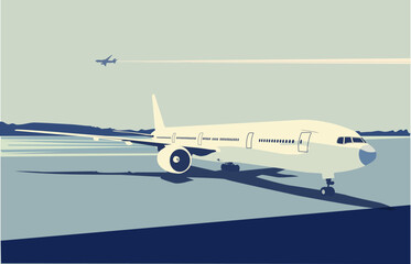 Vector illustration of a detailed airplane on the urban airport scene.  Retro style.