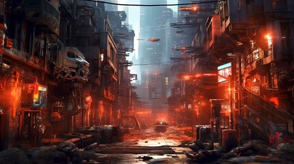 apocalyptic cyber punk city background image. Generative AI.