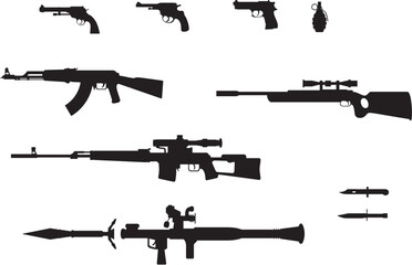 Silhouettes of pistol, revolver, grenade, automatic weapons, rifles and knifes