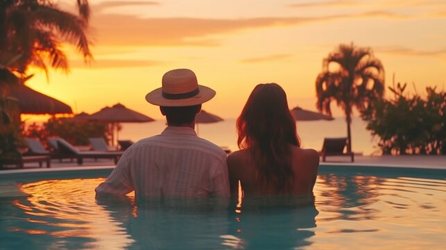 Back view photo of a young couple relaxing and enjoying the sunset. Generative AI.