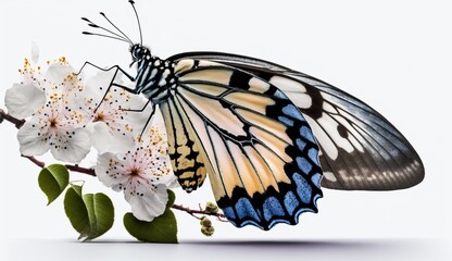 Beautiful butterfly on a flower on a white background. Generative AI.