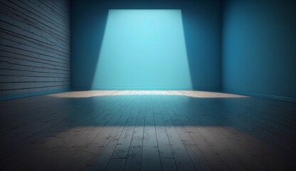Blue empty wall and wooden floor with interesting light. Generative AI.