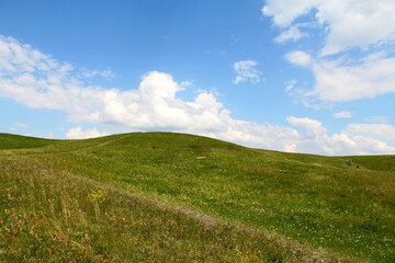 Green hill under the sky with clouds 