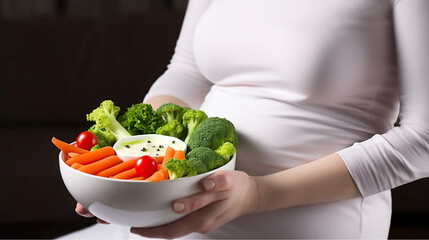 Obraz na płótnie Canvas Pregnant Female Embraces Wholesome Delights in a White Bowl with Colorful Veggies and Yogurt Sauce. Generative AI