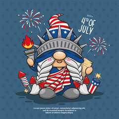 Happy 4th of July America Independence With Gnome Liberty, Cute Cartoon Illustration
