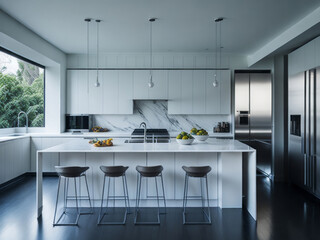 A modern and spacious kitchen, beautifully captured in a photography style reminiscent of architectural photographer Julius Shulman.