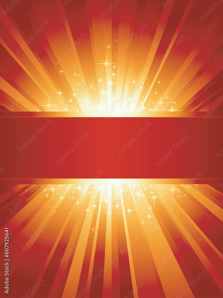 Poster red golden light burst with sparkling stars and space for your message. 1 linear gradient, 7 global 