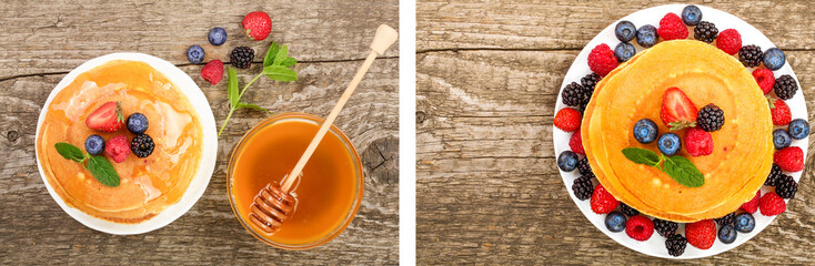 Pancakes stack with different berries and honey on old wooden background. Top view. Flat lay