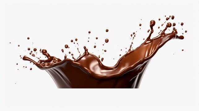 Chocolate splash and pouring isolated on white background. Generative AI.