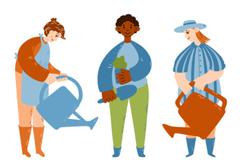 Women and man with watering cans and plant. Gardening hobby. Vector illustration