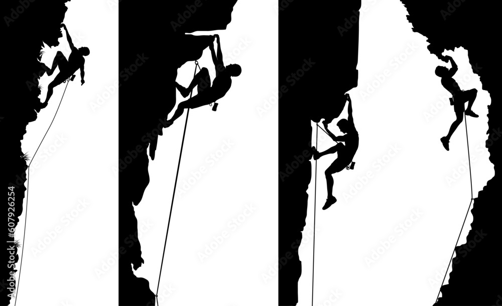 Wall mural set of editable vector side panel silhouettes of climbers with all elements as separate objects