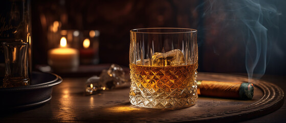 A glass of whiskey with ice and a Cuban cigar on a wooden table on a dark background. Men's club banner idea. Copy space for text