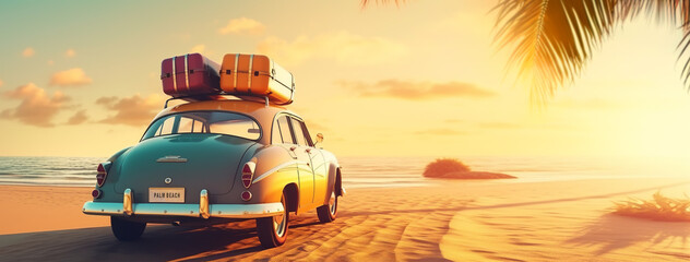 Travel, luxury car with luggage for relaxing on a tropical beach. sunset trip on palm beach, travel and summer holiday celebration. retro or vintage Postcard about freedom and outdoor recreation, park - obrazy, fototapety, plakaty