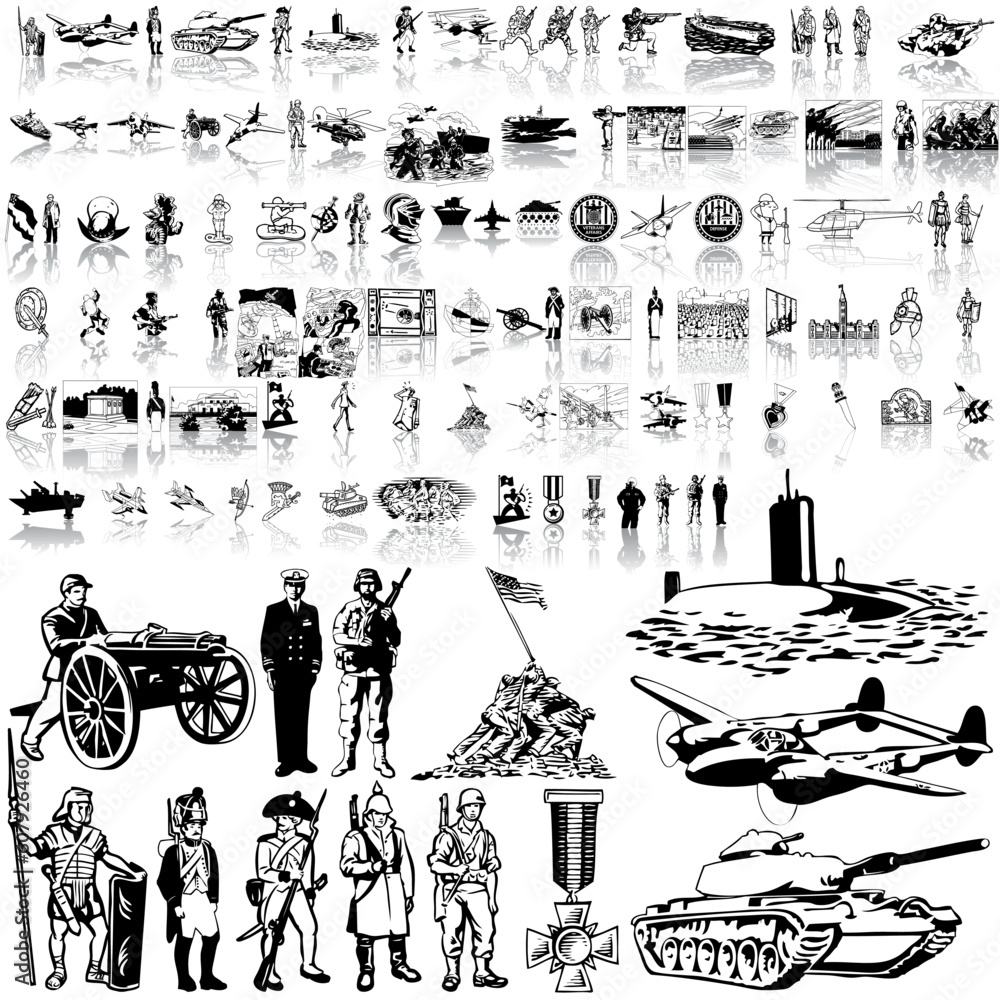 Aufkleber army set of black sketch. part 3. isolated groups and layers.