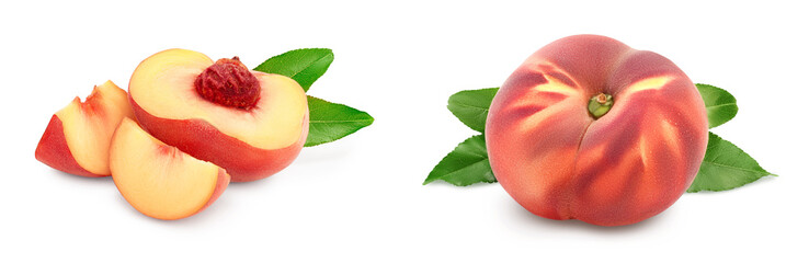 half and slice of ripe chinese flat peach with leaf isolated on white background