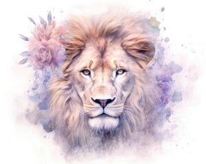 dreamlike watercolor lion print where the lion appears almost mystical. soft, pastel colors like lavender, blush pink, and pale blue to create a serene and otherworldly atmosphere