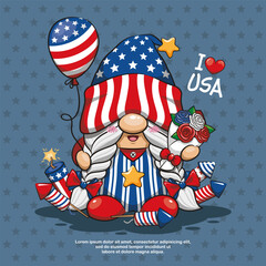 Happy 4th of July America Independence With Gnome, I Love USA, Cute Cartoon Illustration