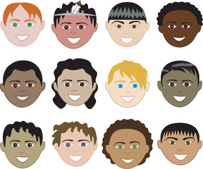 12 Boys Faces 2 with colorful background or plain and with men, women, children and girls.