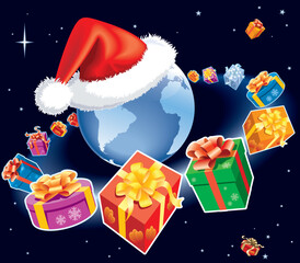 Christmas gifts are flying around earth globe with Santa Claus cap. The base map is from Central Intelligence Agency Web site. - obrazy, fototapety, plakaty