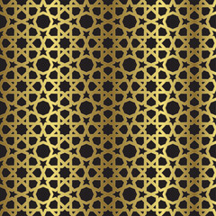 Gold Arabic pattern on black background. Elegant ornamental seamless design.