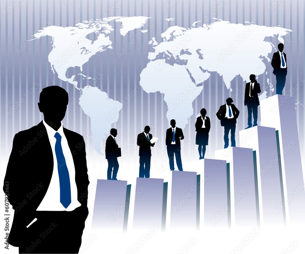 Poster successful people are standing on a large graph, world map in the background. the base map is from c
