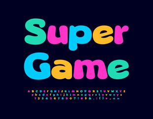Vector funny Banner Super Game. Colorful Kids Font. Bright Alphabet Letters and Numbers.