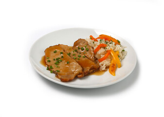 steak with sauce and rice