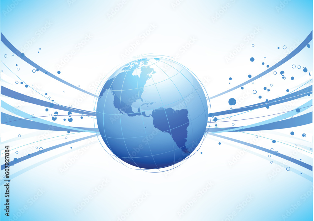 Poster vector illustration of blue abstract lines background - composition of curved lines and globe